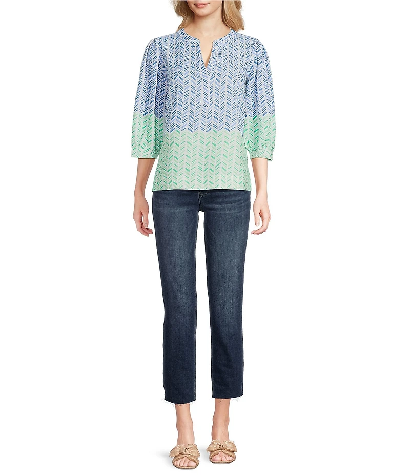 Tru Luxe Jeans Chevron Linen Blend 3/4 Sleeve Popover