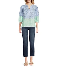 Tru Luxe Jeans Chevron Linen Blend 3/4 Sleeve Popover
