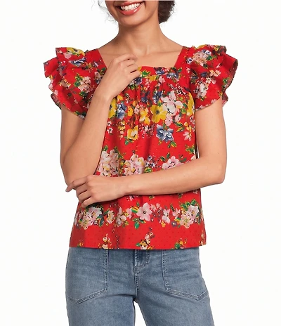 Tru Luxe Jeans Clip Dot Jacquard Floral Square Neck Cap Flutter Sleeve Top