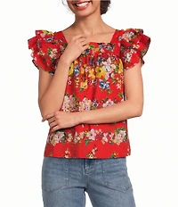 Tru Luxe Jeans Clip Dot Jacquard Floral Square Neck Cap Flutter Sleeve Top