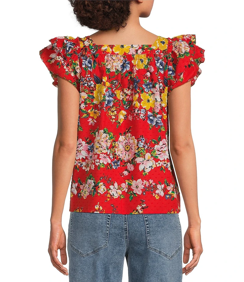 Tru Luxe Jeans Clip Dot Jacquard Floral Square Neck Cap Flutter Sleeve Top