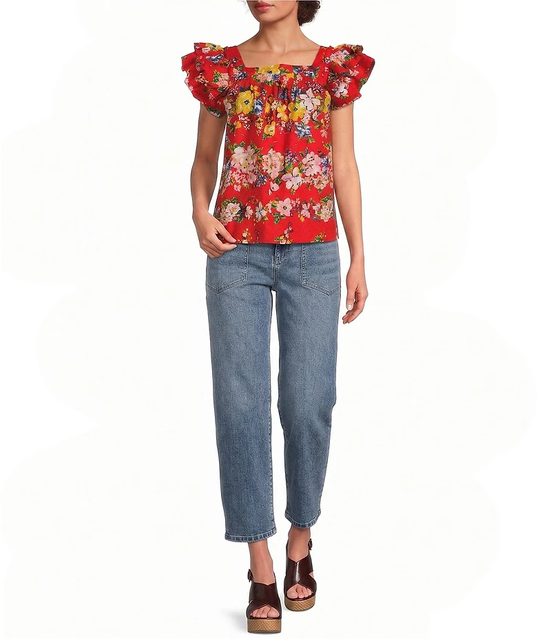 Tru Luxe Jeans Clip Dot Jacquard Floral Square Neck Cap Flutter Sleeve Top
