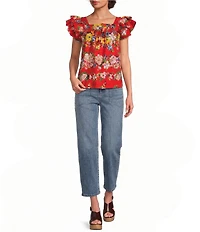 Tru Luxe Jeans Clip Dot Jacquard Floral Square Neck Cap Flutter Sleeve Top