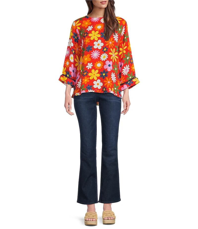 Tru Luxe Jeans Clip Dot Pop Art Floral Crochet Trim Boat Neck 3/4 Sleeve Top