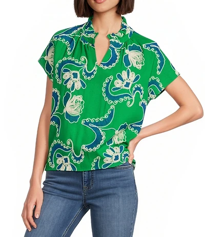 Tru Luxe Jeans Cord Linen Blend Embroidered Floral Abstract Ruffle Split V-Neck Cap Sleeve Top