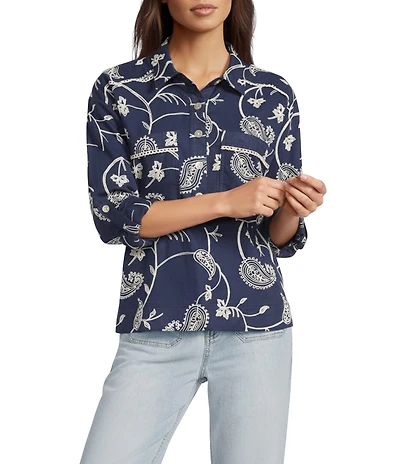 Tru Luxe Jeans Cotton Allover Paisley Embroidered Lace Trimmed Point Collar Long Roll-Tab Sleeve Pop-Over Shirt