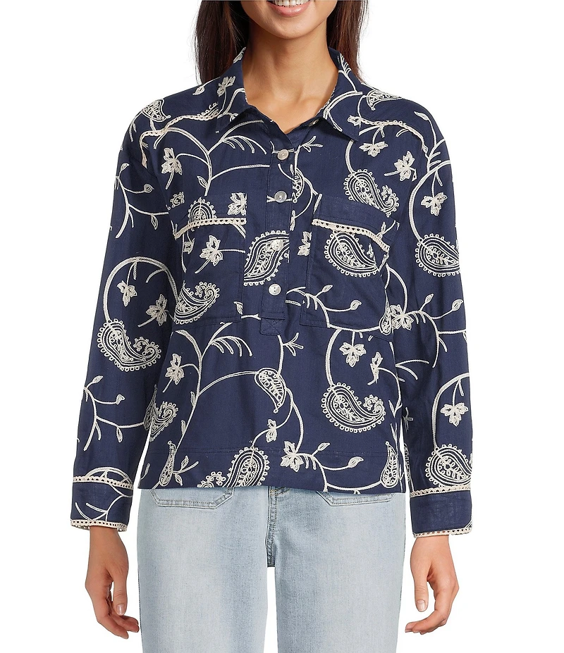 Tru Luxe Jeans Cotton Allover Paisley Embroidered Lace Trimmed Point Collar Long Roll-Tab Sleeve Pop-Over Shirt