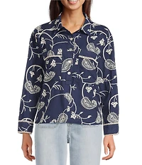 Tru Luxe Jeans Cotton Allover Paisley Embroidered Lace Trimmed Point Collar Long Roll-Tab Sleeve Pop-Over Shirt