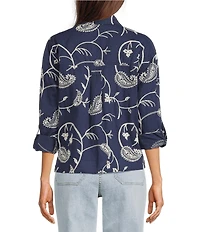 Tru Luxe Jeans Cotton Allover Paisley Embroidered Lace Trimmed Point Collar Long Roll-Tab Sleeve Pop-Over Shirt