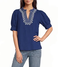 Tru Luxe Jeans Cotton Double Cloth Embroidered Stand Collar Split Neck Short Puff Sleeve Top