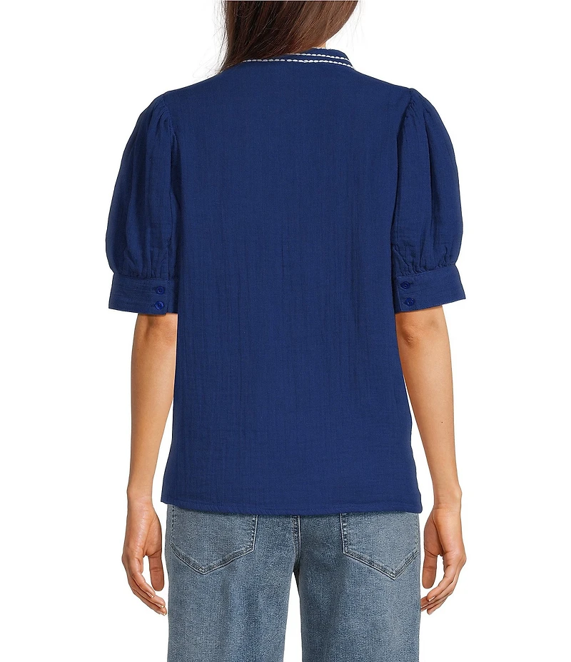 Tru Luxe Jeans Cotton Double Cloth Embroidered Stand Collar Split Neck Short Puff Sleeve Top