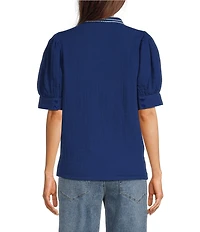 Tru Luxe Jeans Cotton Double Cloth Embroidered Stand Collar Split Neck Short Puff Sleeve Top