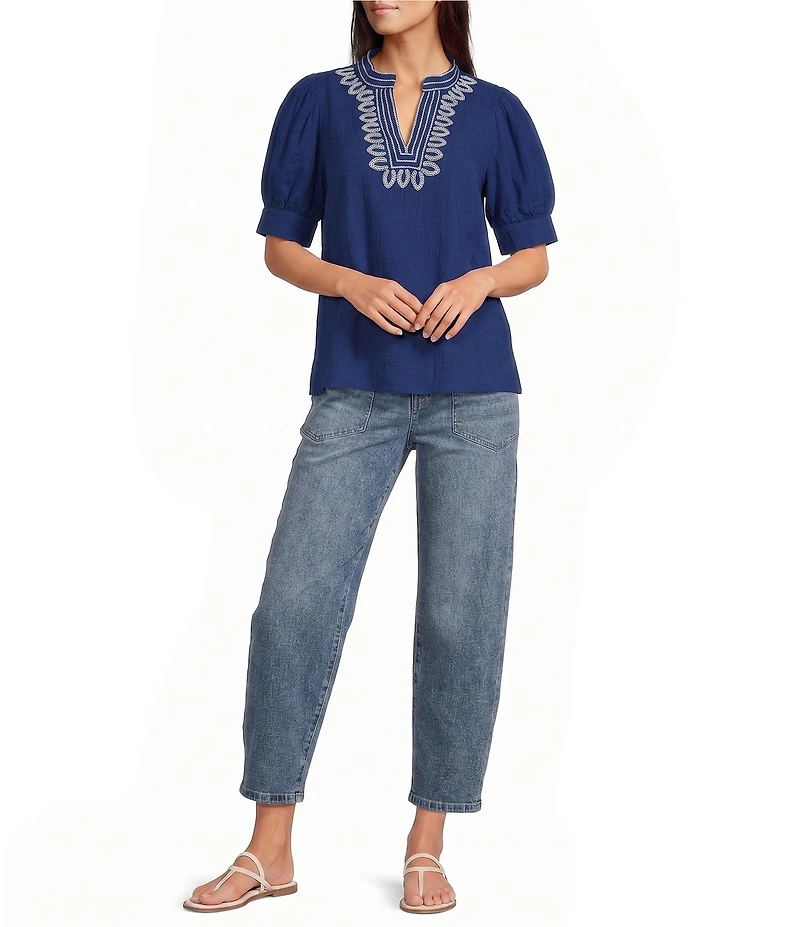 Tru Luxe Jeans Cotton Double Cloth Embroidered Stand Collar Split Neck Short Puff Sleeve Top