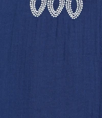 Tru Luxe Jeans Cotton Double Cloth Embroidered Stand Collar Split Neck Short Puff Sleeve Top
