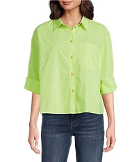 Tru Luxe Jeans Cotton Poplin Point Collar 3/4 Sleeve Camp Shirt