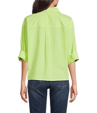 Tru Luxe Jeans Cotton Poplin Point Collar 3/4 Sleeve Camp Shirt