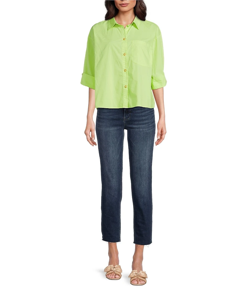 Tru Luxe Jeans Cotton Poplin Point Collar 3/4 Sleeve Camp Shirt