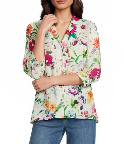 Tru Luxe Jeans Crinkle Botanical Floral Point Collar 3/4 Sleeve Button Front Shirt