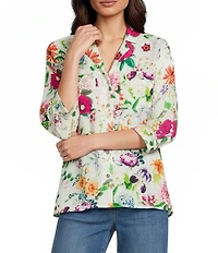 Tru Luxe Jeans Crinkle Botanical Floral Point Collar 3/4 Sleeve Button Front Shirt