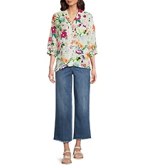 Tru Luxe Jeans Crinkle Botanical Floral Point Collar 3/4 Sleeve Button Front Shirt