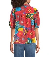 Tru Luxe Jeans Crinkle Floral Print Ruffle Split Neck Puff Sleeve Top