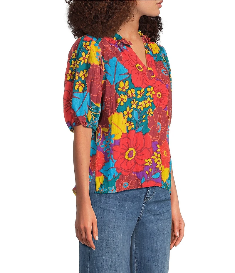 Tru Luxe Jeans Crinkle Floral Print Ruffle Split Neck Puff Sleeve Top
