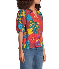 Tru Luxe Jeans Crinkle Floral Print Ruffle Split Neck Puff Sleeve Top