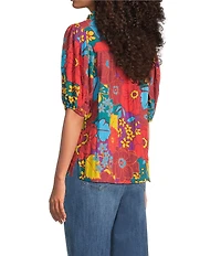 Tru Luxe Jeans Crinkle Floral Print Ruffle Split Neck Puff Sleeve Top