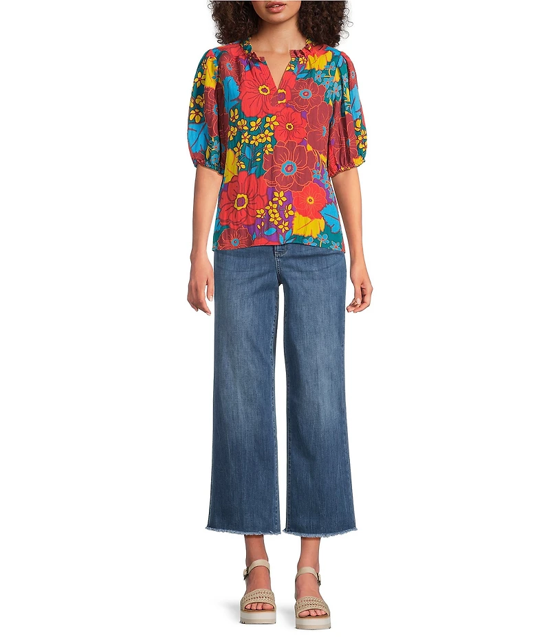 Tru Luxe Jeans Crinkle Floral Print Ruffle Split Neck Puff Sleeve Top