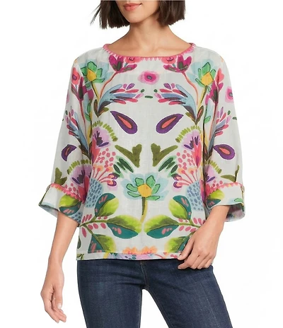 Tru Luxe Jeans Crinkle Folklore Floral Bateau Neck 3/4 Sleeve High-Low Top