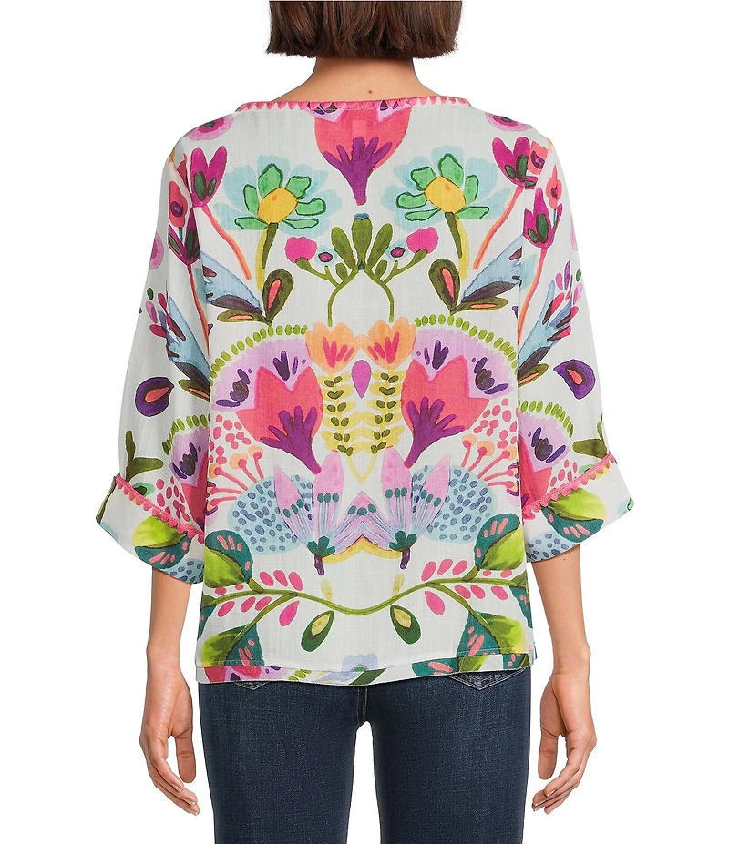 Tru Luxe Jeans Crinkle Folklore Floral Bateau Neck 3/4 Sleeve High-Low Top