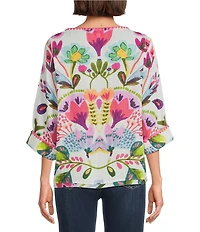 Tru Luxe Jeans Crinkle Folklore Floral Bateau Neck 3/4 Sleeve High-Low Top