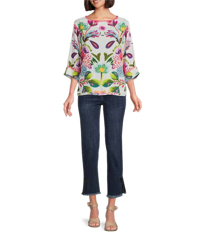 Tru Luxe Jeans Crinkle Folklore Floral Bateau Neck 3/4 Sleeve High-Low Top