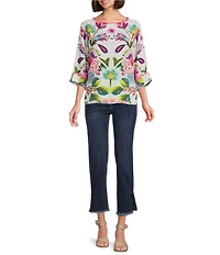 Tru Luxe Jeans Crinkle Folklore Floral Bateau Neck 3/4 Sleeve High-Low Top