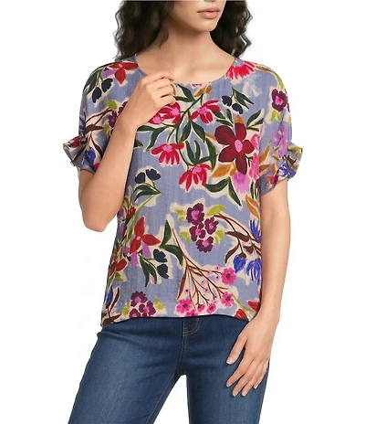 Tru Luxe Jeans Crinkle Fresh Floral Bateau Neck Short Shirred Sleeve Top