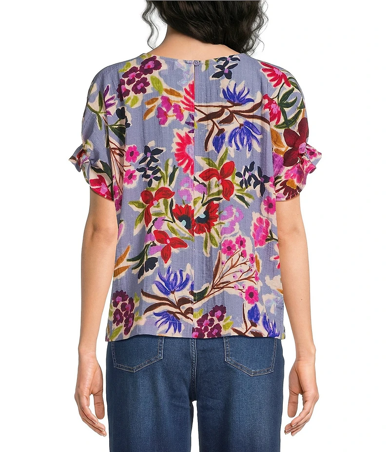 Tru Luxe Jeans Crinkle Fresh Floral Bateau Neck Short Shirred Sleeve Top