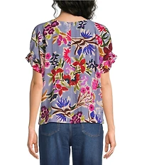 Tru Luxe Jeans Crinkle Fresh Floral Bateau Neck Short Shirred Sleeve Top