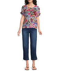 Tru Luxe Jeans Crinkle Fresh Floral Bateau Neck Short Shirred Sleeve Top