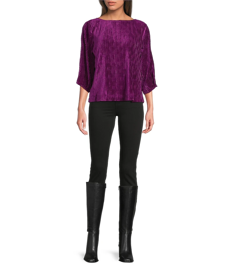 Tru Luxe Jeans Crinkle Velvet Bateau Neck 3/4 Sleeve Back Bow Top