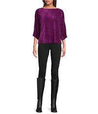 Tru Luxe Jeans Crinkle Velvet Bateau Neck 3/4 Sleeve Back Bow Top