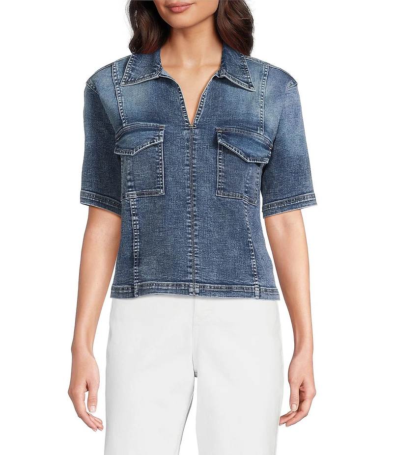 Tru Luxe Jeans Denim Collared Split Neck Short Sleeve Shirt