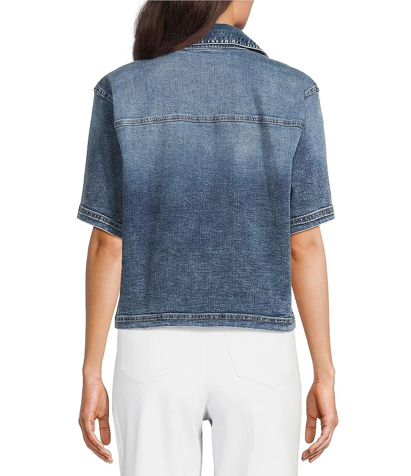 Tru Luxe Jeans Denim Collared Split Neck Short Sleeve Shirt