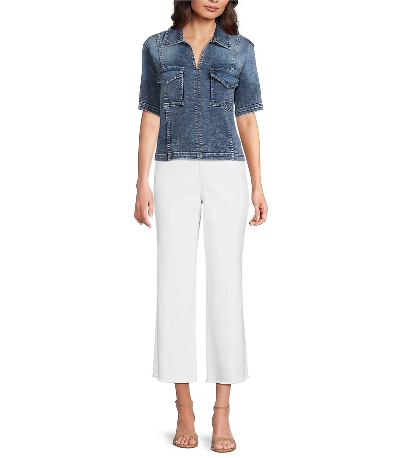 Tru Luxe Jeans Denim Collared Split Neck Short Sleeve Shirt