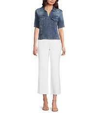 Tru Luxe Jeans Denim Collared Split Neck Short Sleeve Shirt