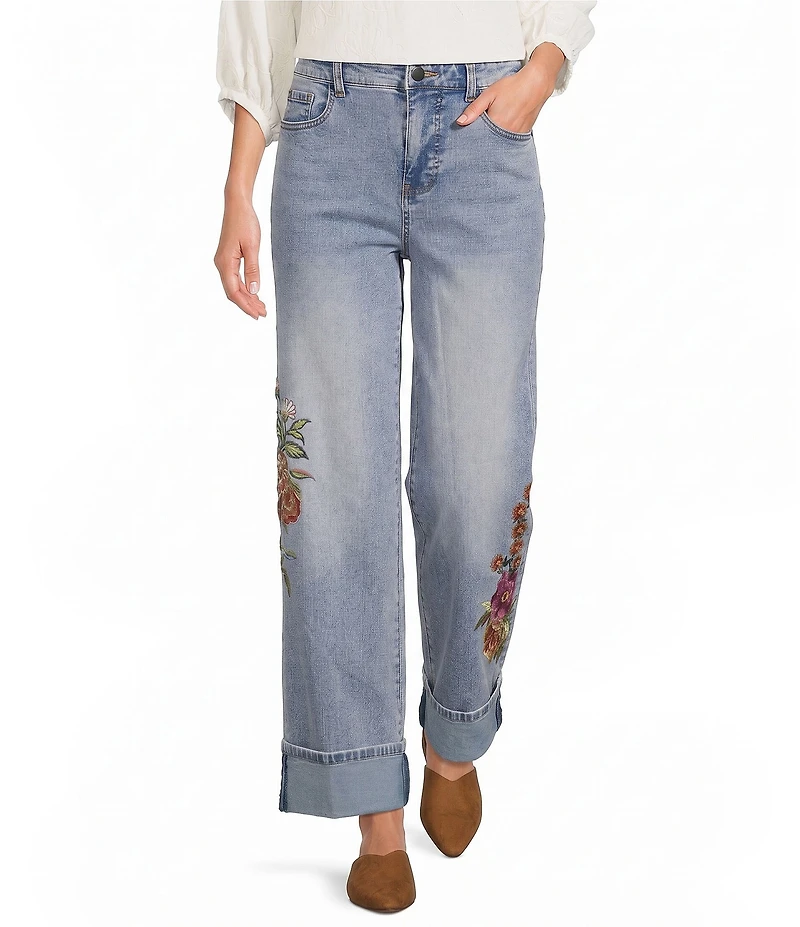 Tru Luxe Jeans Denim Wide Leg Floral Embroidery Fold Over Jeans