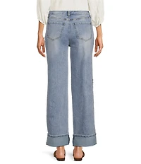 Tru Luxe Jeans Denim Wide Leg Floral Embroidery Fold Over Jeans