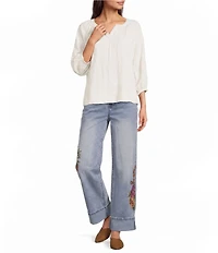 Tru Luxe Jeans Denim Wide Leg Floral Embroidery Fold Over Jeans