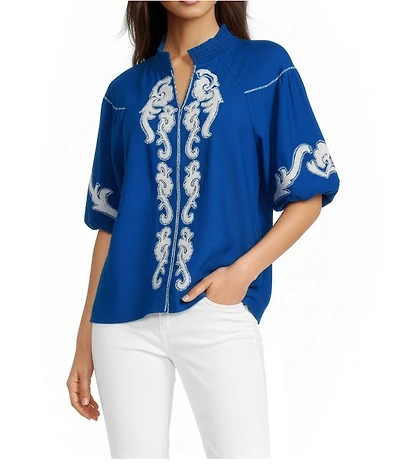 Tru Luxe Jeans Dobby Embroidered Smocked V-Neck Short Bubble Sleeve Top