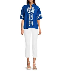 Tru Luxe Jeans Dobby Embroidered Smocked V-Neck Short Bubble Sleeve Top