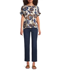 Tru Luxe Jeans Dobby Floral Print Scoop Neck Short Sleeve Popover